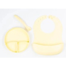 Sarı 3’lü Silikon Yemek Seti – Önlük + Diş Kaşıyıcılı Kaşık + Vakumlu Tabak