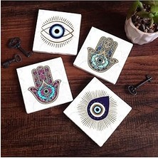 SHC4200 Nazar, Fatma Ana Eli (Hamsa) Taş Bardak Altlığı Seti - 4 Parça - Dekoratif, Rustik Mutfak Aksesuarı