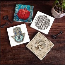 SHC4200 Yaşam Çiçeği, Ağacı, Nar, Fatma Ana Eli (Hamsa) Taş Bardak Altlığı Seti - 4 Parça - Dekoratif, Rust