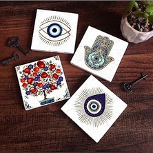 SHC4200 Nazar, Nar Ağacı, Fatma Ana Eli (Hamsa) Taş Bardak Altlığı Seti - 4 Parça - Dekoratif, Rustik Mutfa