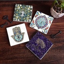 SHC4200 Ağacı, Çini Sanatı, Fatma Ana Eli (Hamsa) Taş Bardak Altlığı Seti - 4 Parça - Dekoratif, Rustik Mut