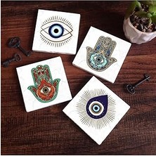 SHC4200 Nazar, Fatma Ana Eli (Hamsa) Taş Bardak Altlığı Seti - 4 Parça - Dekoratif, Rustik Mutfak Aksesuarı
