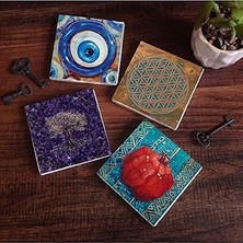 SHC4200 Nazar, Yaşam Çiçeği, Ağacı, Nar Taş Bardak Altlığı Seti - 4 Parça - Dekoratif, Rustik Mutfak Aksesu