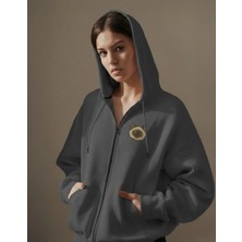 Muhtar Store Kadın Siyam Kedisi Baskılı Tam Boy Fermuarlı Oversize Hoodie