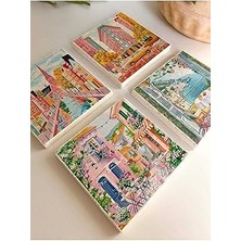 SHC4200 Bahar ve Yaz Avrupa Şehir Temalı Taş Bardak Altlıkları - 4’lü Set Çiçekli ve Renkli