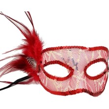 Flamex Kırmızı Yandan Tüylü Payetli Parti Maskesi