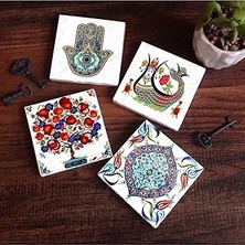 SHC4200 Şahmeran, Çini Sanatı, Nar Ağacı, Fatma Ana Eli (Hamsa) Taş Bardak Altlığı Seti - 4 Parça - Dekorat