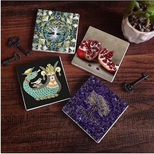 SHC4200 Ağacı, Şahmeran, Nar Taş Bardak Altlığı Seti - 4 Parça - Dekoratif, Rustik Mutfak Aksesuarı, 10X10