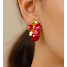 Bontexs Kadınlar Için Şık Kırmızı Çiçekli Altın Renk 316L Çelik Küpe Kararma Paslanma Yapmaz-Kırmızı Mine Işlemeli Çiçek Küpe