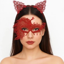 Magicool Alevin Zarafeti Kırmızı Dantel Maske ve Taç Seti 4 No – Kadın Kostüm Tamamlayıcı