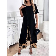 Arben Boutique Kadın Kısa Kollu Önden Çapraz Detaylı Viskon Uzun Bluz ve Desenli Iki Iplik Pantolon Ikili Takım