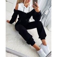 Arben Boutique Kadın Uzun Kollu Omuzlardan Açık Kapşonlu Bağcıklı Çift Renkli Viskon Iki Iplik Bluz ve Pantolon Ikili Takım