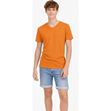 Equri Genç Erkek Çocuk V Yaka Tişört Yazlık Model Günlük Basic Body - Turuncu