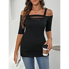 La Mode Istanbul Kadın Omuzlardan Açık Askılı Lazer Kesim Detaylı Viskon Bluz