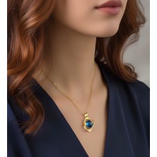 Bontexs Kadın Gezegen Safir Mavisi Taşlı ve Işıltılı Altın Kaplama Kolye-Altın Rengi Zarif Zincirli Mavi Taşlı Tasarım Kolye