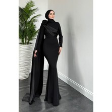 Merven Akyüz Castilya Pelerinli Omzu Gül Abiye Black