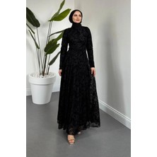 Merven Akyüz Jumana Kemerli Desenli Tül Elbise Siyah