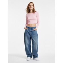 LTB Uzun Kollu Bisiklet Yaka Crop Pembe Sweatshırt