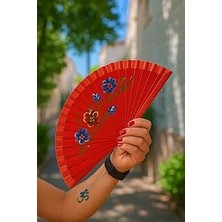 SHC4200 Coverzone Kırmızı Zeminli Katlanabilir El Yelpazesi Sarı Çiçek Desenli Ahşap Saplı Dekoratif Y