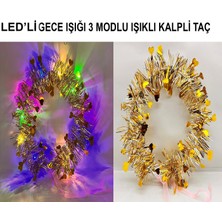 Kalp Püsküllü 3 Modlu LED Işıklı Taç Altın Renk