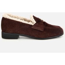 Hotiç Kadın Süet Deri Kahverengi İçi Kürklü Klasik Loafer