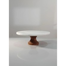 Faralya Home Doğal Beyaz Mermer Ayaklı Kek Standı 25 cm Darbuka Ahşap Ayak -Sunumluk Pasta Stant Sunum Standı