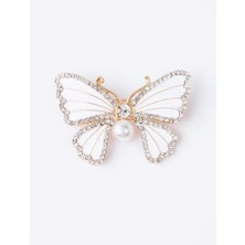 Jimmy Key Beyaz Kelebek Figürlü Inci Detaylı Taşlı Broş