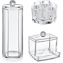 Velora 3'lü Makyaj Kozmetik Organizeri Set, Pamukluk, Kulak Çubuğu Düzenleyici, Ruj Oje Makyaj Düzenleyici Şeffaf