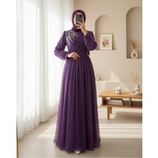 Modamorfo Önü Taş Detaylı Drapeli Kemerli Tül Abiye     -Mor