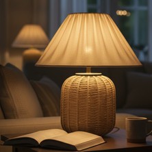 Bahar Aydınlatma Sandy Hasır Gövde Bej Başlık Rattan Dekoratif Abajur