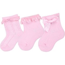 Bross Dantel Fiyonk Aksesuarlı 3lü Kız Bebek Soket ONL-02725