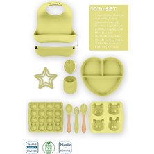Moki Silikon 10’lu Set Pond Yeşil / Önlük, Tabak, Kaşık, Çatal, Bardak, Buz Kalıbı, Diş Kaşıyıcı...