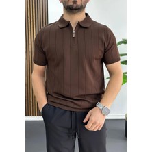 Edwox Erkek Slim Fit Fermuarlı Polo Yaka Tişört Kahverengi EDW452