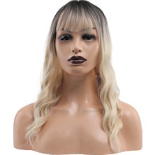 İlk El Grup Dalgalı Kısa Perçemli Fiber Sentetik Peruk - Kahve / Platin Ombreli