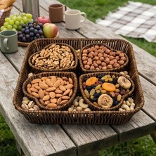 URZ 5 Parça,4 Kalp Formlu Plastik Rattan Sunum ve Kahvaltı Seti-Bölmeli Çerezlik ve Meyvelik-Doğal Hasır Görünümlü Tepsi ve Sunum Tabakları