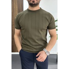 Edwox Erkek Bisiklet Yaka Çizgili Tişört Haki EDW456