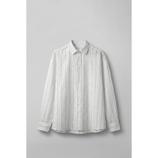 Abluka Online Erkek Oversize Çizgili Keten Uzun Kollu Gömlek Beyaz