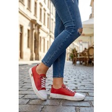 Lucid Kadın Hakiki Deri Kırmızı Sneaker El Dikişli Günlük Spor Ayakkabı Bağcıklı Rahat Taban