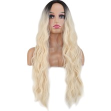 İlk El Grup Uzun Su Dalgası Fiber Sentetik Peruk - Kahve / Platin Ombre