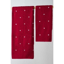 Kırmızı Kalpli Havlu Seti Hamam Seti – 50X90 ve 70X140 cm Banyo Havlu Takımı
