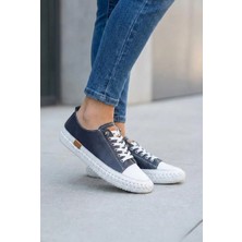 Lucid Kadın Hakiki Deri Lacivert Sneaker El Dikişli Günlük Spor Ayakkabı Bağcıklı Rahat Taban