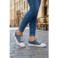 Lucid Kadın Hakiki Deri Mavi Sneaker El Dikişli Günlük Spor Ayakkabı Bağcıklı Rahat Taban