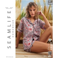 Seamlife Kadın Lila Kısa Kol Dokuma Şortlu Gömlek Pijama Takımı