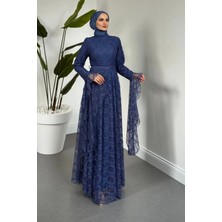 Tesettür Diyarı Zelal Kuşaklı Dantel Tesettür Abiye- Indigo