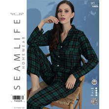 Seamlife Kadın Yeşil Ekose Uzun Kol Dokuma Gömlek Pijama Takımı