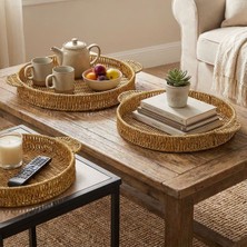 URZ Iç Içe Geçebilen 3’lü Yuvarlak Plastik Rattan Tepsi Seti–hasır Görünümlü Çok Amaçlı Servis ve Sunum Tepsileri