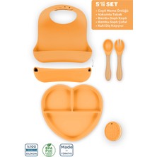 Moki Silikon 5’li Set Candle Turuncu / Mama Önlüğü, Mama Tabağı, Kaşık, Çatal, Diş Kaşıyıcı