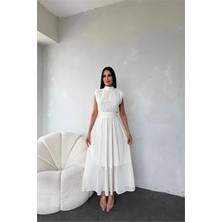 Dip Moda Dipmoda kadın kuşağı taş detaylı midi şifon elbise DPMY3509