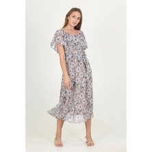 Dip Moda Dipmoda Kadın Madonna Yaka Kuşaklı Desenli Şifon Elbise RY10037