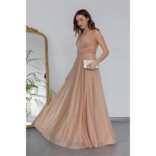 Dip Moda Dipmoda kadın gold drapeli tül abiye elbise DP2030